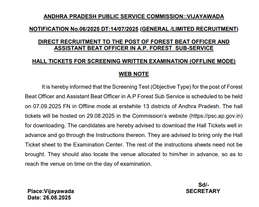 APPSC Forest Beat Officer Hall Ticket 2025 APPSC Forest Beat Officer Hall Ticket 2025