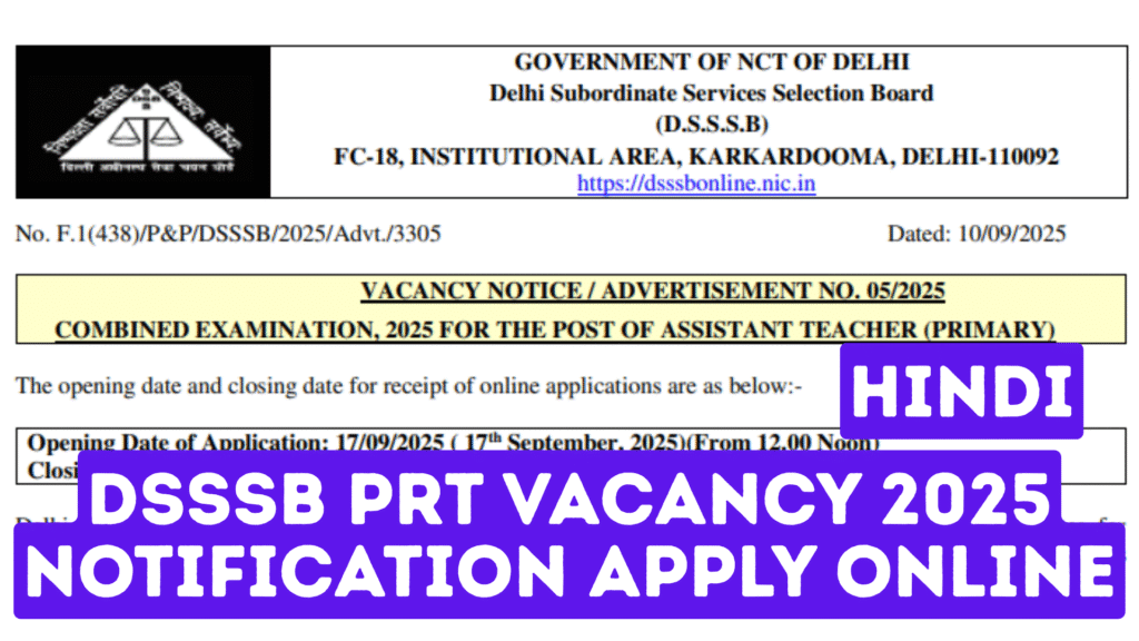 DSSSB PRT Vacancy 2025 Notification Apply Online