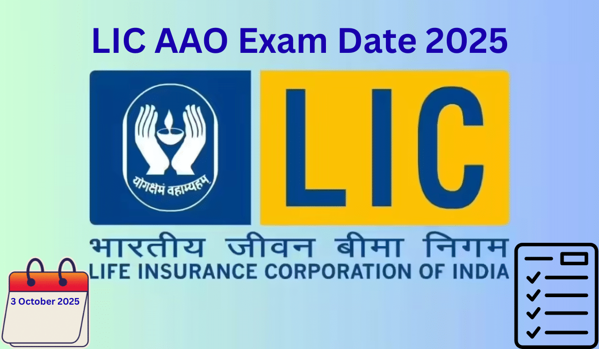 LIC AAO Exam Date 2025 official announcement with calendar showing October 3rd date, featuring LIC logo and Life Insurance Corporation of India branding for government job recruitment