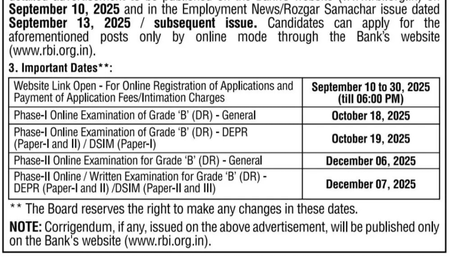 RBI Grade B Recruitment 2025 Important Dates