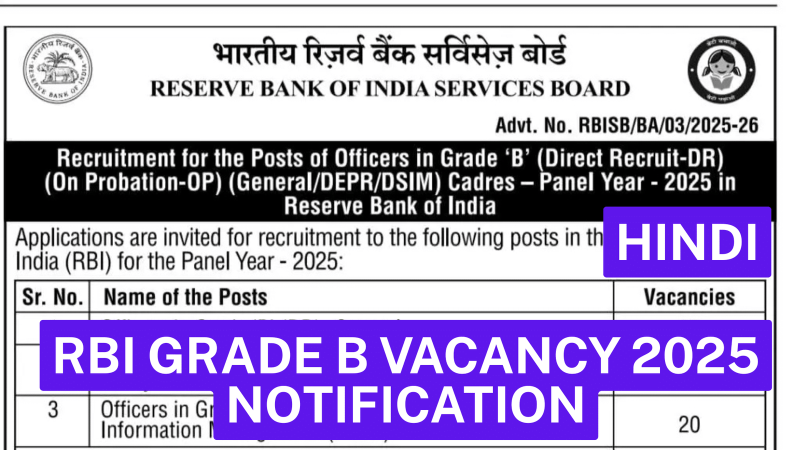 RBI Grade B vacancy 2025 notification
