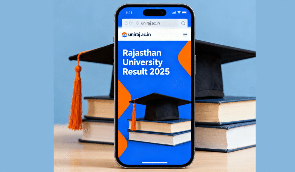Rajasthan University Result 2025 smartphone display uniraj.ac.in website graduation cap books digital interface