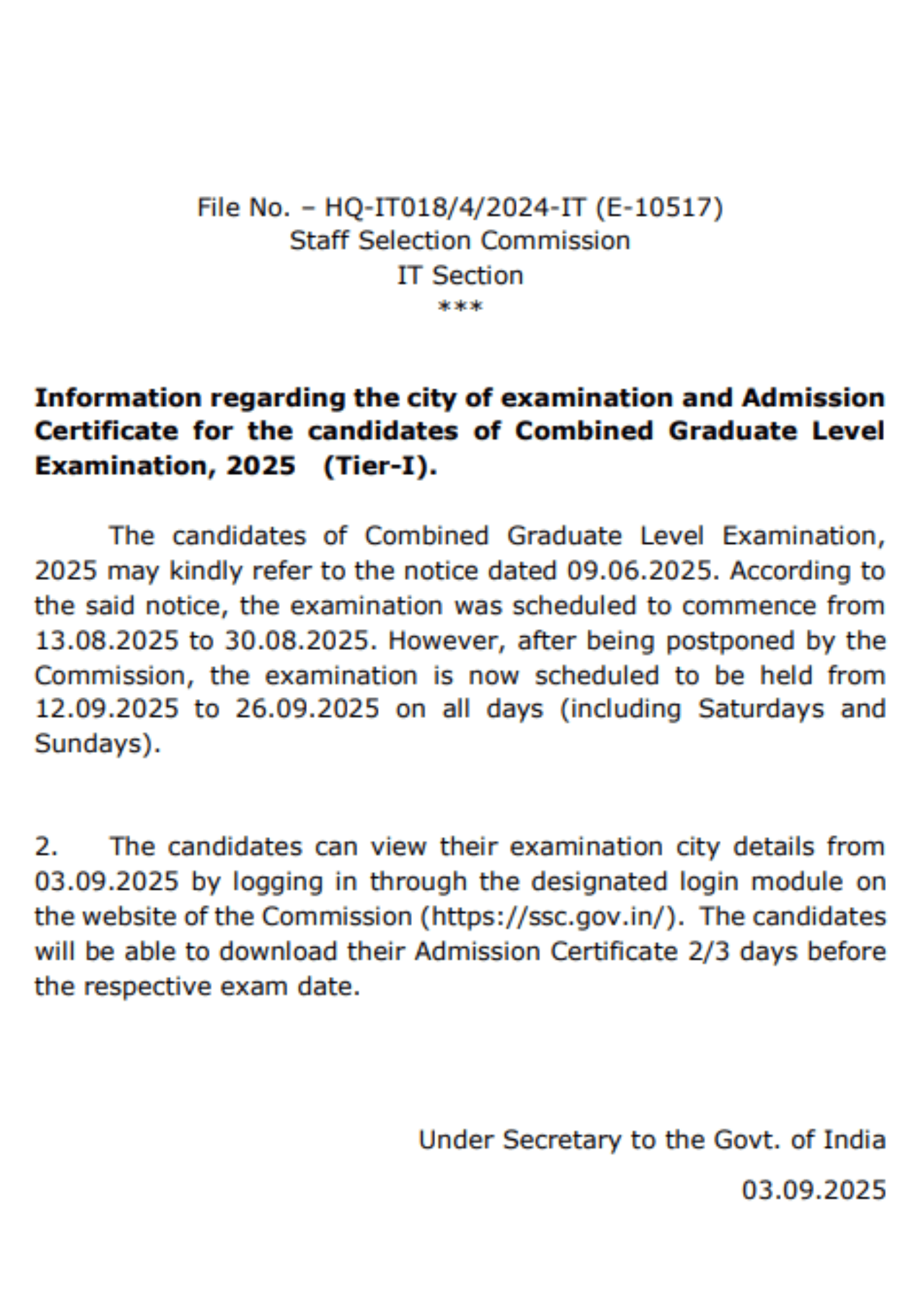 SSC CGL City Intimation Slip 2025