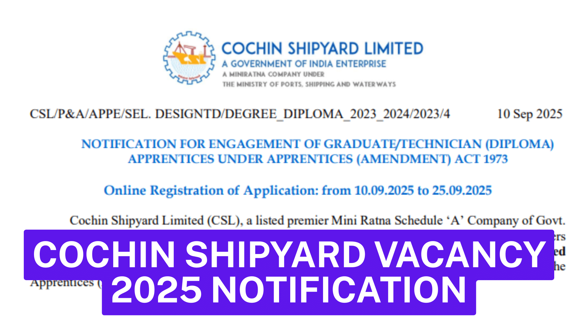 cochin shipyard vacancy 2025 notification