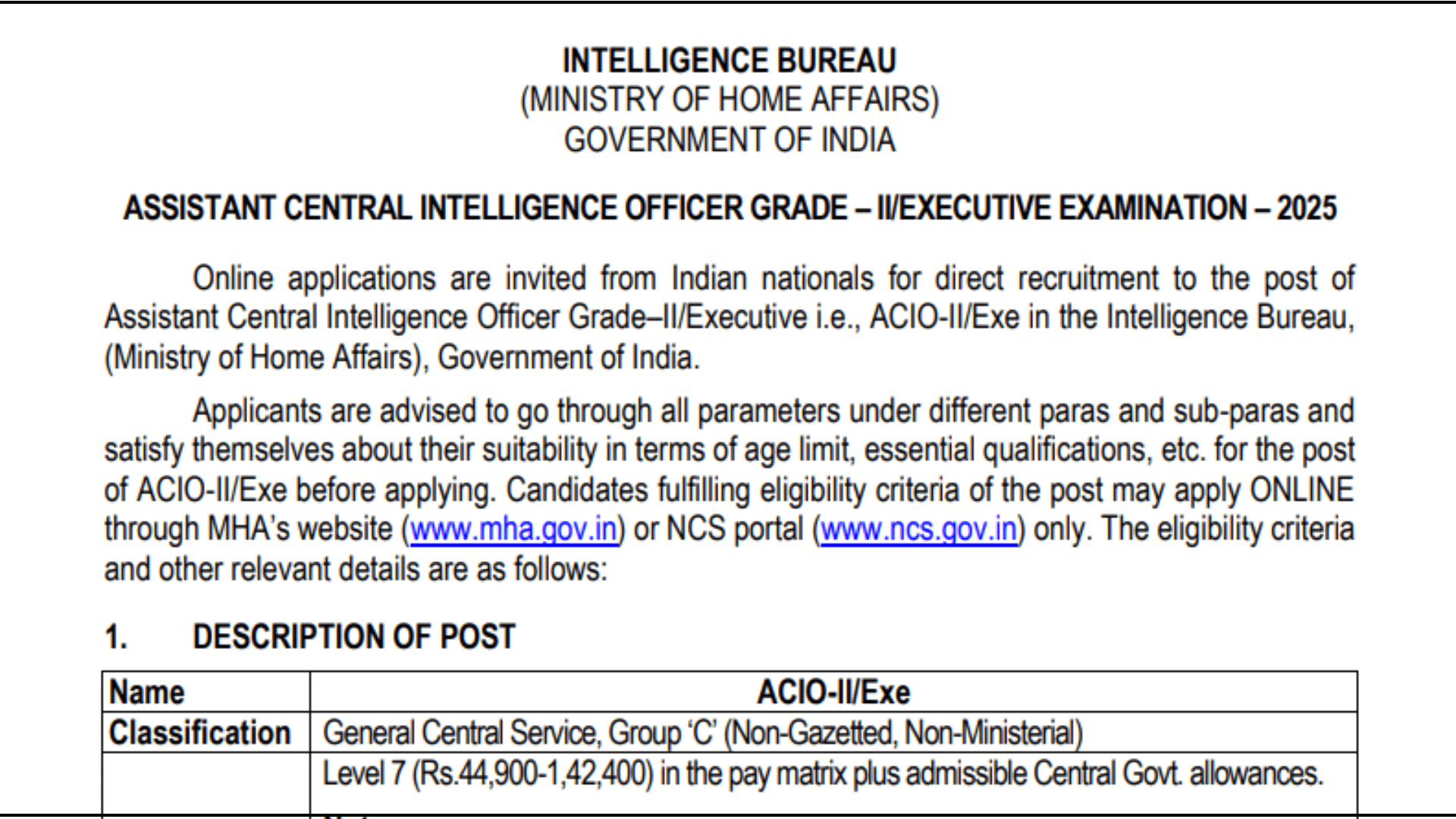 intelligence bureau admit card 2025 Notification