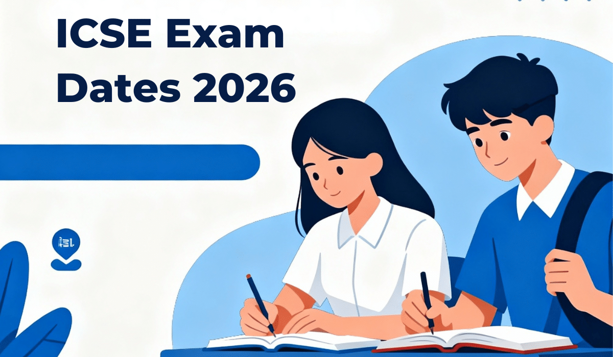 ICSE Board Exam Dates 2026 official schedule announcement with students studying illustration showing dual exam system and February-March timeline